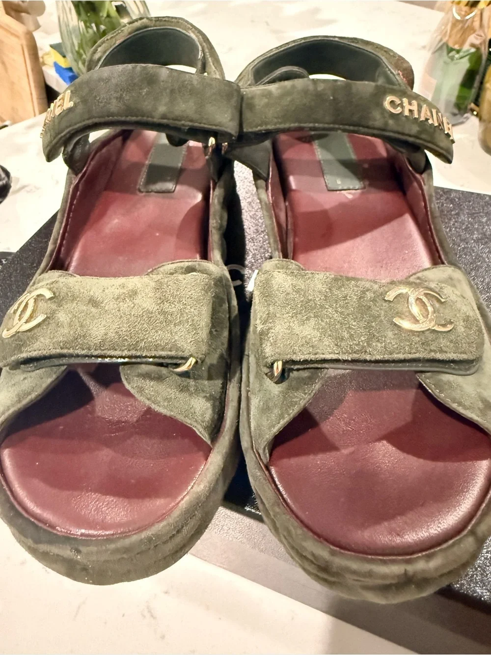 CHANEL Dark Green Dad Quilted Suede Platform Sandals with Gold Logos